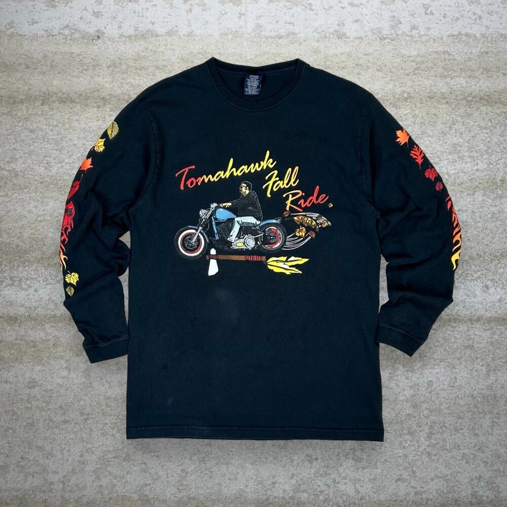 Vintage 90s Biker Shirt Mens M Jet Black Tomahawk Fall Ride Cotton Autumn Leaves